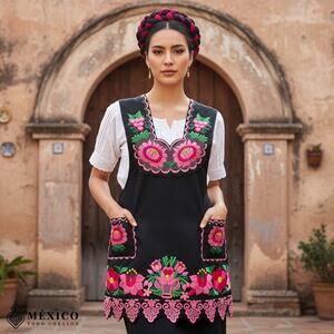 Black Mexican Embroidered Apron – Premium Cotton Blend Apron with Pink Floral